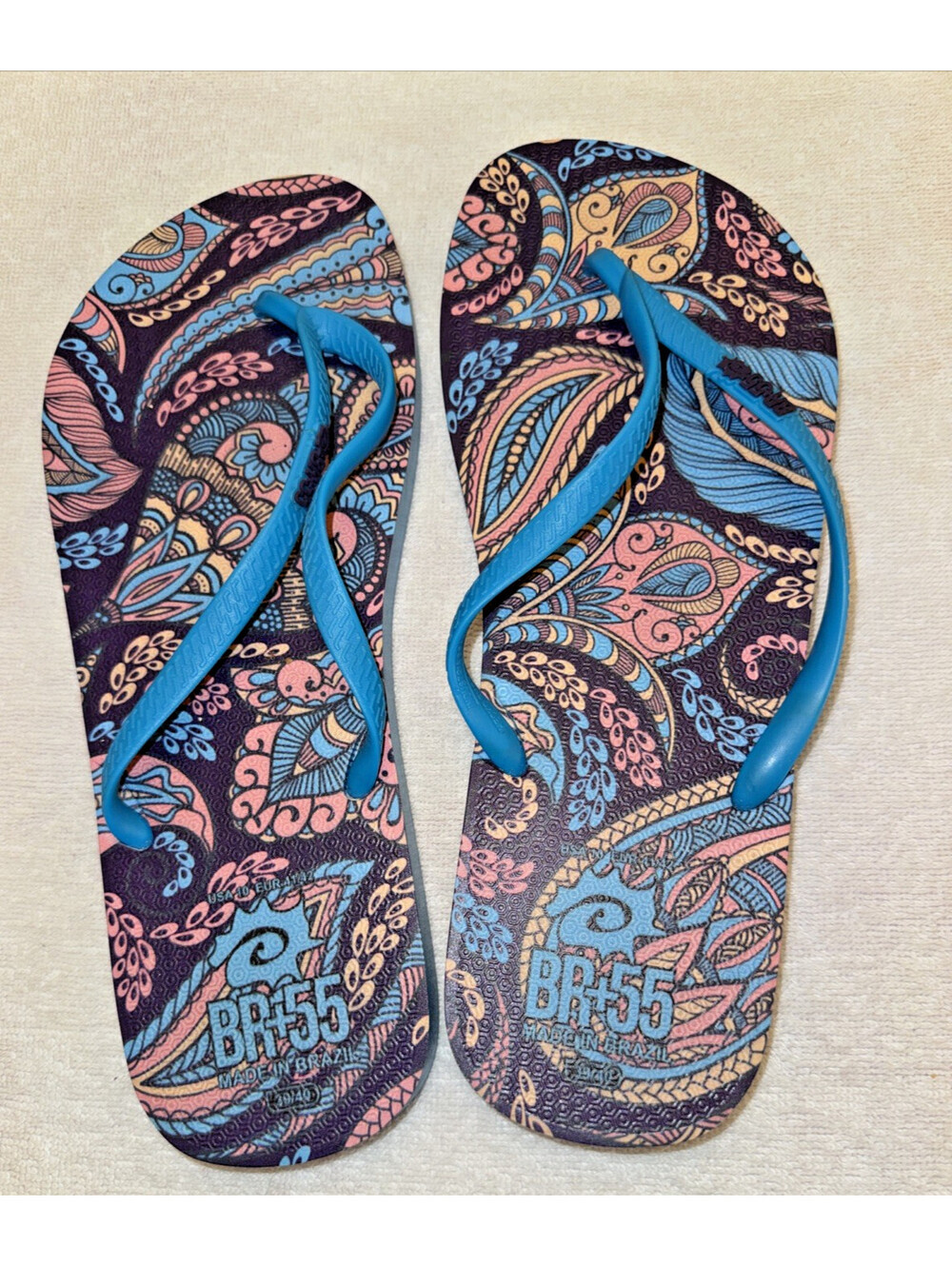 BR55 Flip Flops Paisley Blue Pink Rubber Sandals Womens Size 10 Brazil